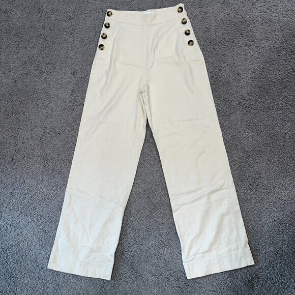 LPA Pants - LPA Linen Blend Jacopo Side Button Closure Sailor Wide Leg Pants - Ivory - XS